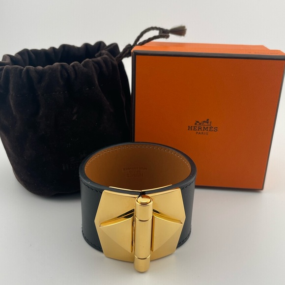 Hermes Jewelry - Hermès Bérénice Chamonix Leather Cuff Bracelet Black Gold Tone Made in France